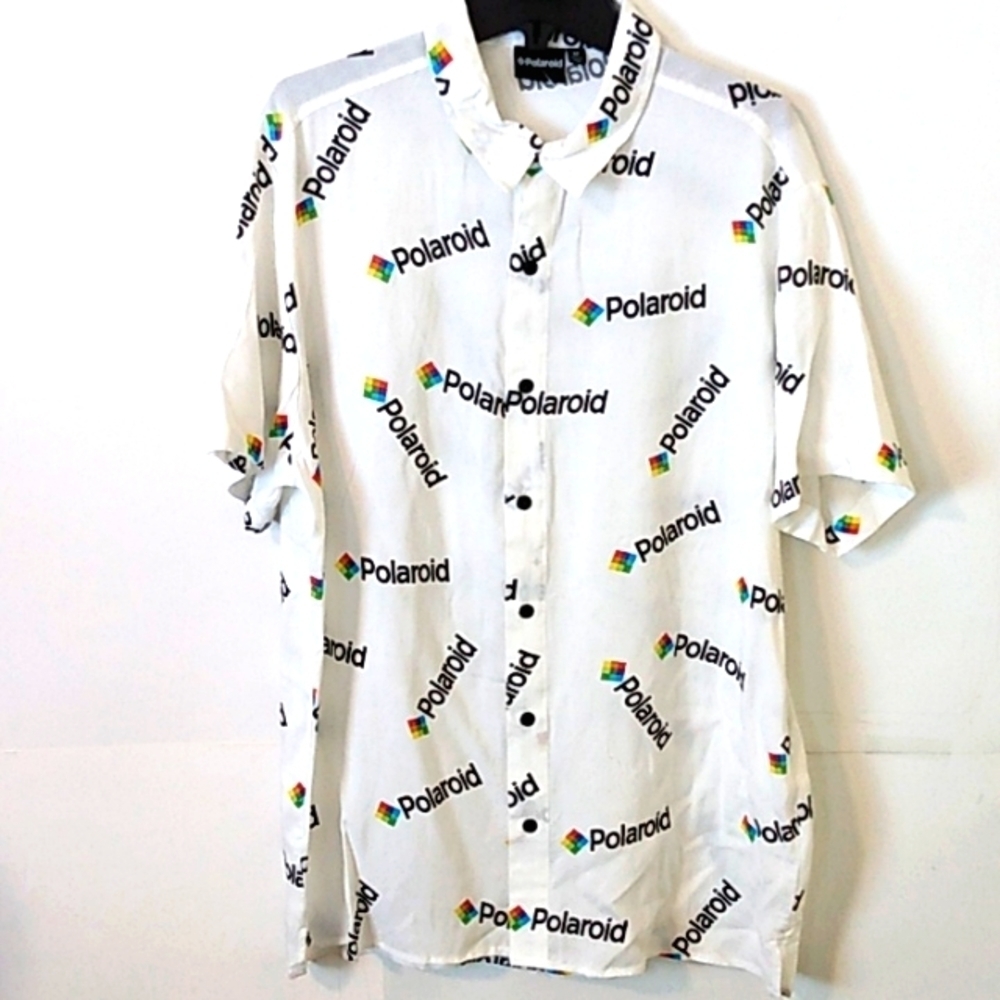 POLAROID CAMERA WHITE BUTTON-UP SHORT SLEEVE CASUAL SHIRT SIZE LARGE NWOT